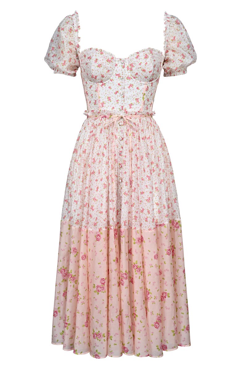HOUSE OF CB Penelope Floral Puff Sleeve Corset Chiffon Midi Dress, Alternate, color, Pink Rose