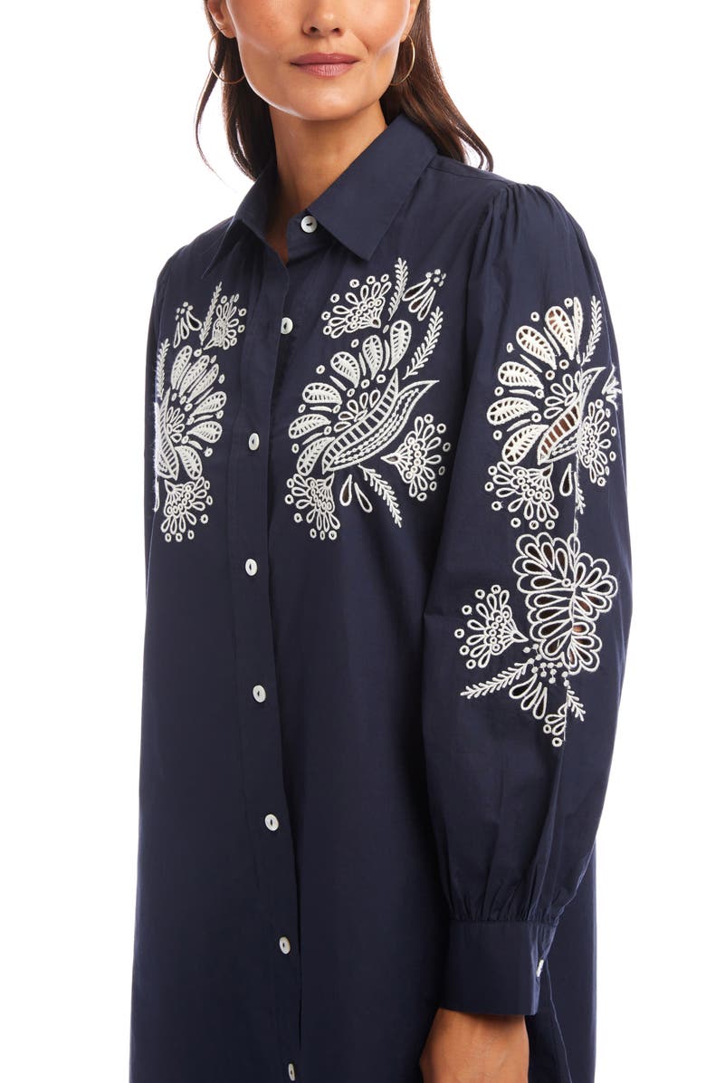 Karen Kane Floral Embroidery Long Sleeve Cotton Shirtdress, Alternate, color, Navy