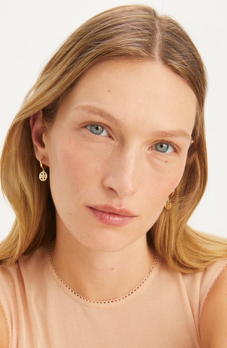 Tory Burch Icon Huggie Hoop Earrings, Alternate, color, Tory Gold