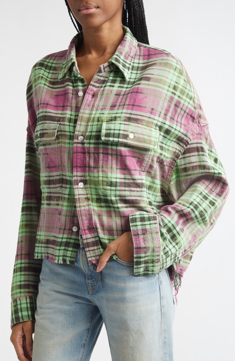 R13 Oversize Fray Hem Plaid Button-Up Crop Work Shirt, Alternate, color, Pink Overdyed Green Plaid
