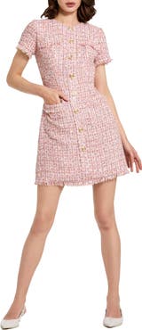 Mac Duggal Boucle Short Sleeve Button Down Mini Dress With Pockets