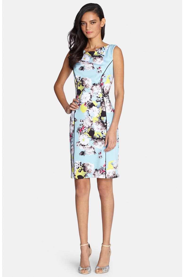 Floral Print Scuba Sheath Dress, Main, color, SKY/ WHITE/ PINK