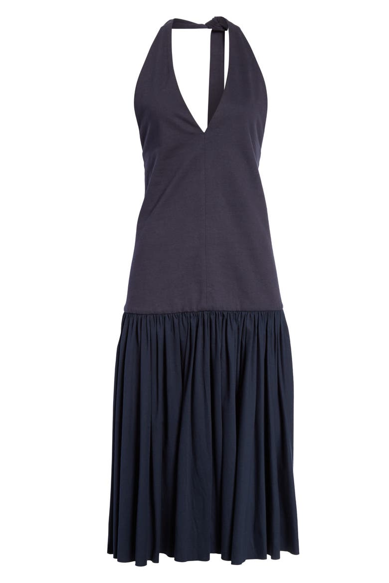 Deep-V Punto Milano Midi Dress, Alternate, color, NAVY