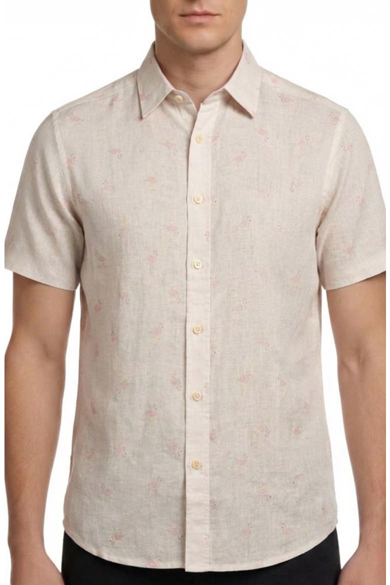Yarn Dye Flamingo Print Button-Up Shirt, Main, color, WHITE