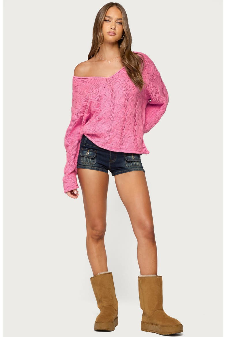 Inga Oversize V-Neck Cable Sweater, Alternate, color, PINK