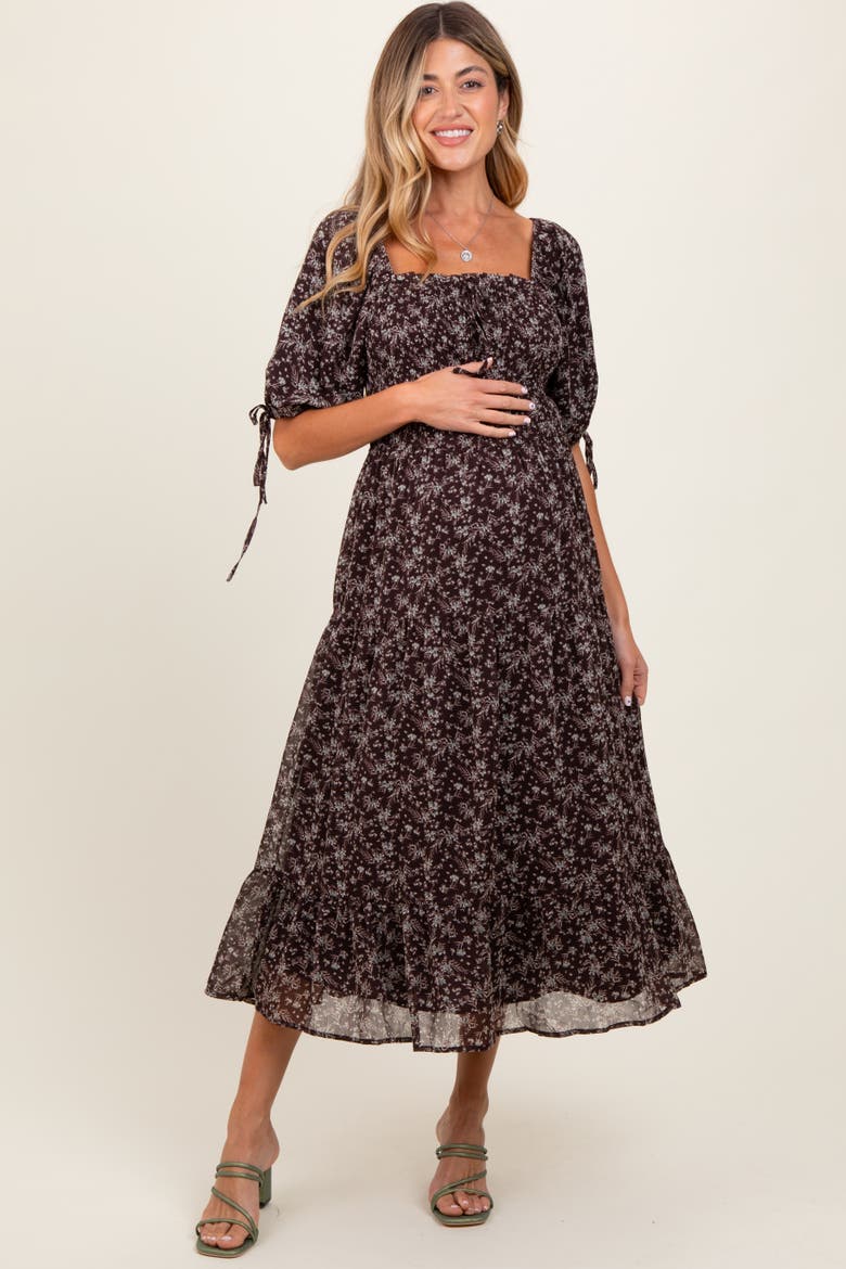 Floral Smocked Sleeve Tie Midi Dress, Main, color, Brown