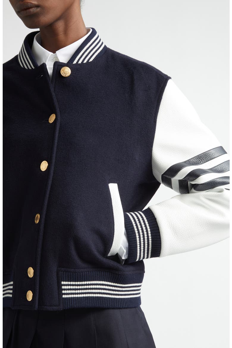 4-Bar Wool & Leather Varsity Jacket, Alternate, color, NAVY