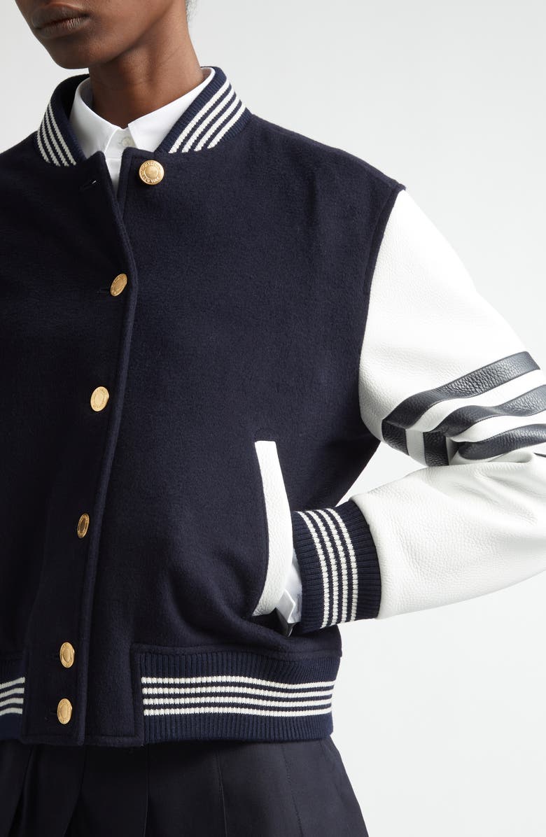 Thom Browne 4-Bar Wool & Leather Varsity Jacket, Alternate, color, Navy
