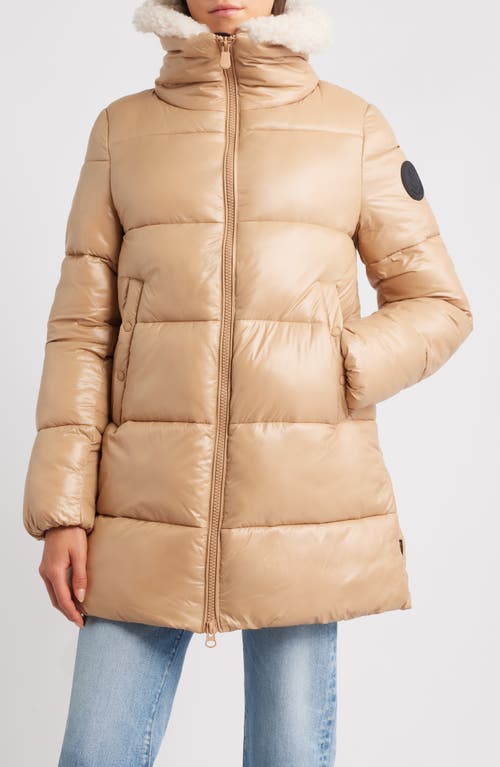 Save The Duck Bonita Faux Shearling Collar Puffer Jacket In Brown