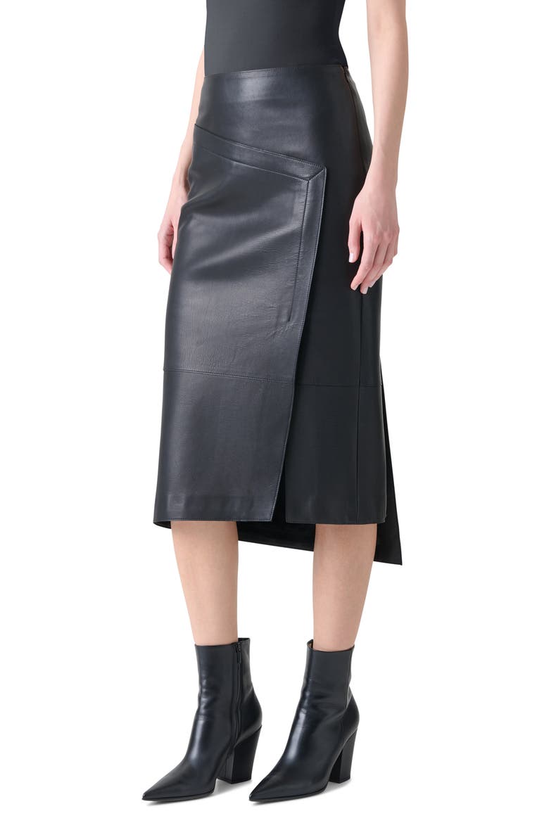 Lambskin Leather Asymmetric Midi Skirt, Alternate, color, BLACK