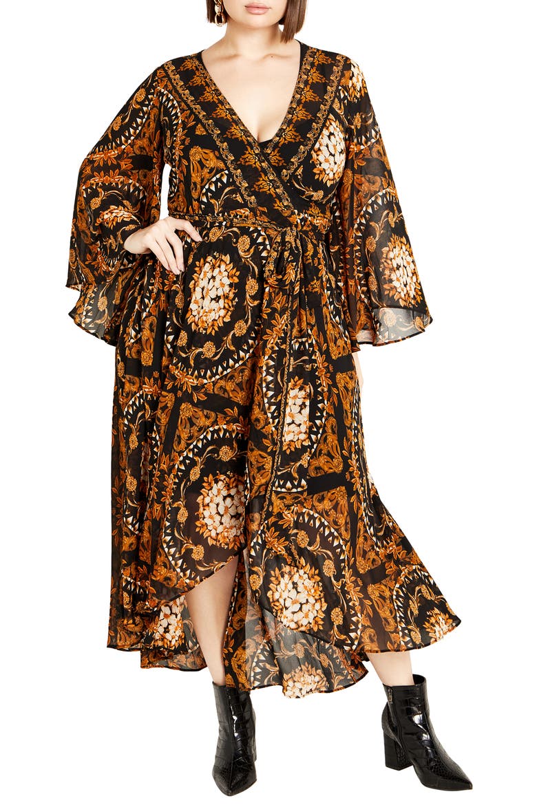 Paris Print Long Sleeve Faux Wrap Maxi Dress, Main, color, PRINT