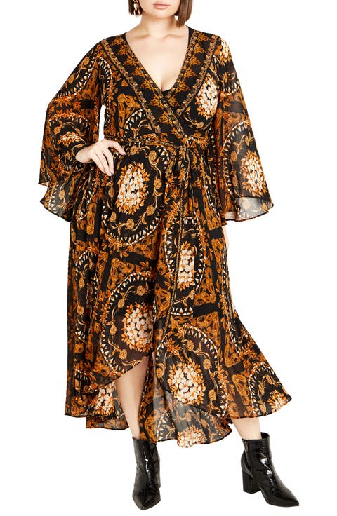 Paris Print Long Sleeve Faux Wrap Maxi Dress (Plus)