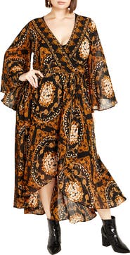 City Chic Paris Print Long Sleeve Faux Wrap Maxi Dress