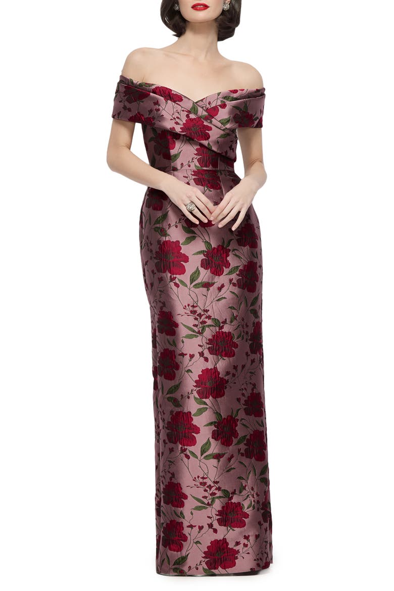 Floral Brocade Off the Shoulder Gown, Main, color, WILD ROSE