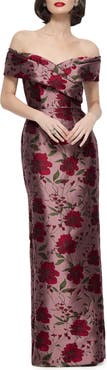 Alfred Sung Floral Brocade Off the Shoulder Gown