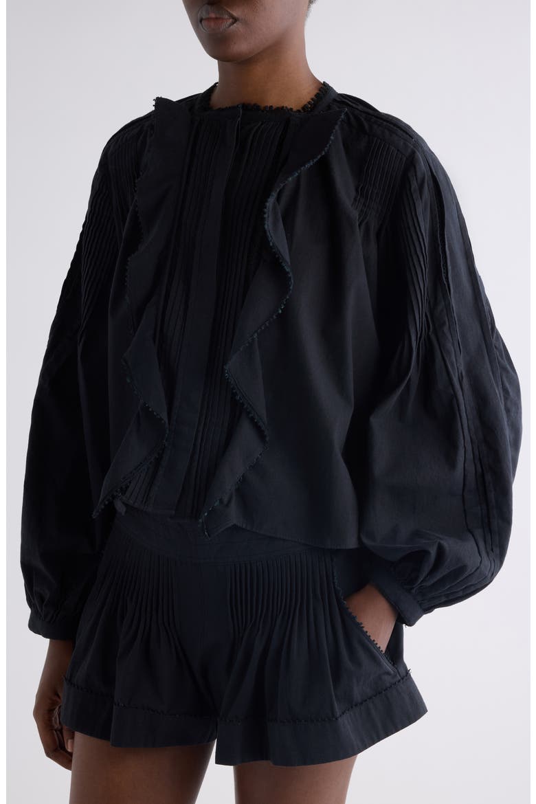 Cubraly Ruffle Cotton Button-Up Shirt, Alternate, color, BLACK