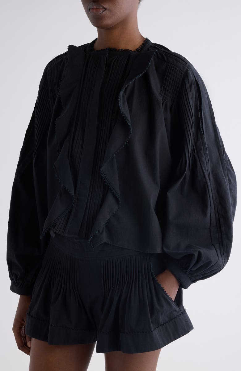 Isabel Marant Cubraly Ruffle Cotton Button-Up Shirt, Alternate, color, Black