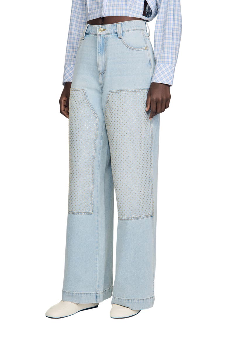 Faded straight rhinestone jeans, Main, color, Light bu jean