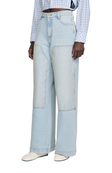 Faded straight crystal patch jeans