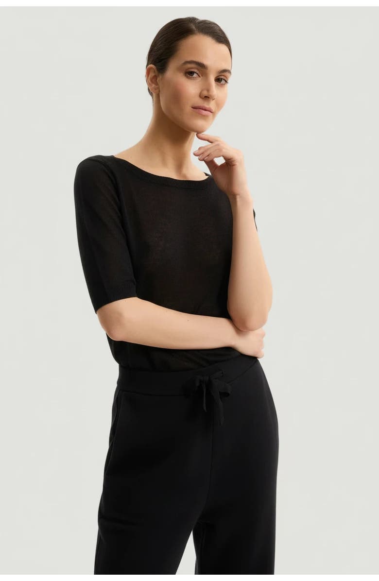 Majestic Filatures Stretch Linen Knit Three Quarter Sleeve Boatneck Shirt, Main, color, Noir