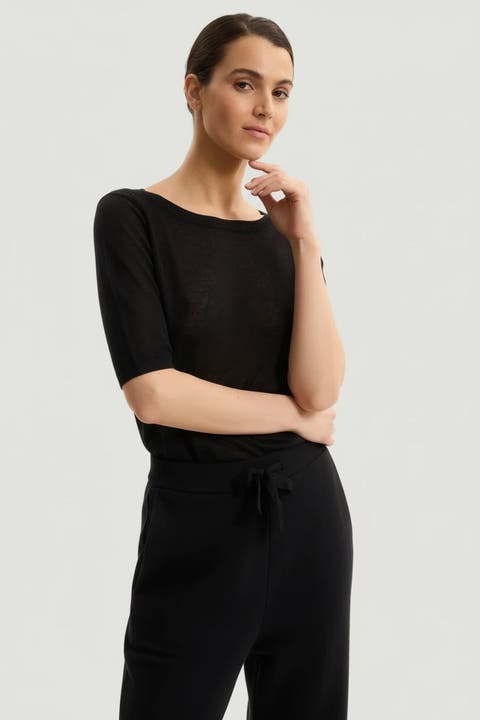 Stretch Linen Knit Three Quarter Sleeve Boatneck Shirt