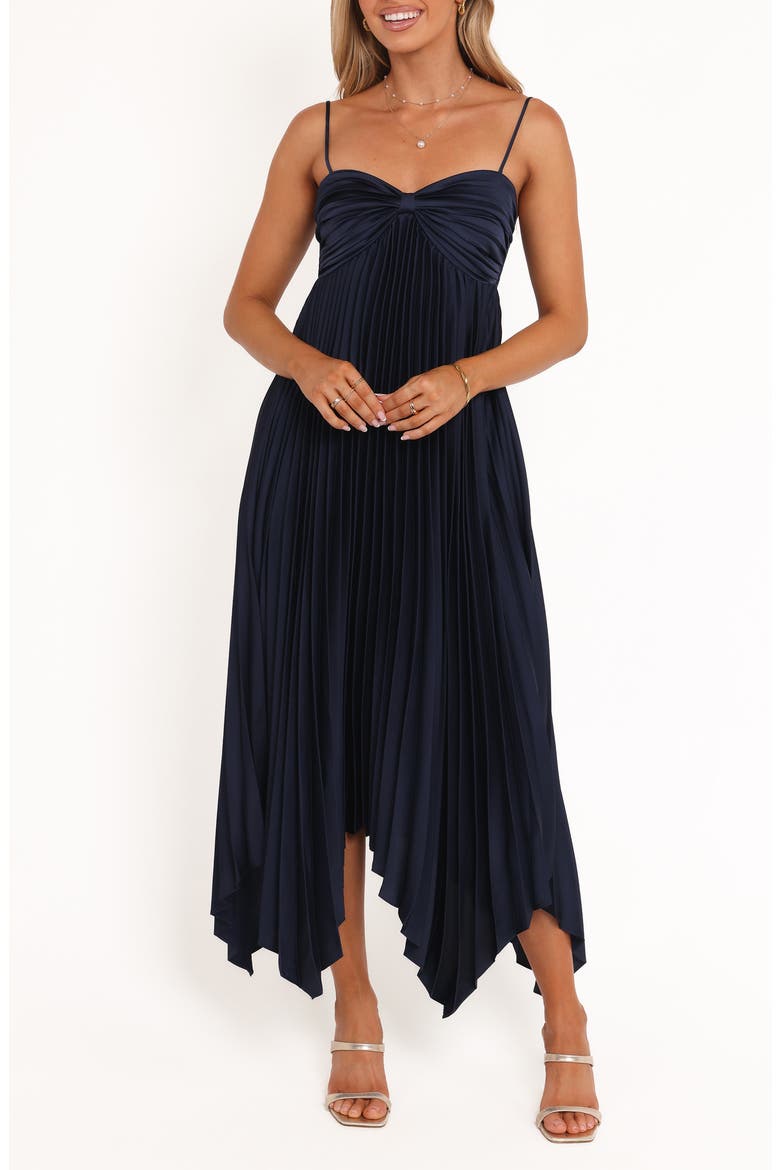 Vikki Pleated Sleeveless Satin Maxi Dress, Main, color, NAVY