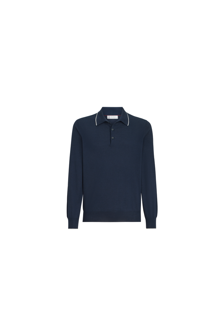Sea Island cotton and cashmere lightweight knit polo, Alternate, color, Avio Blue