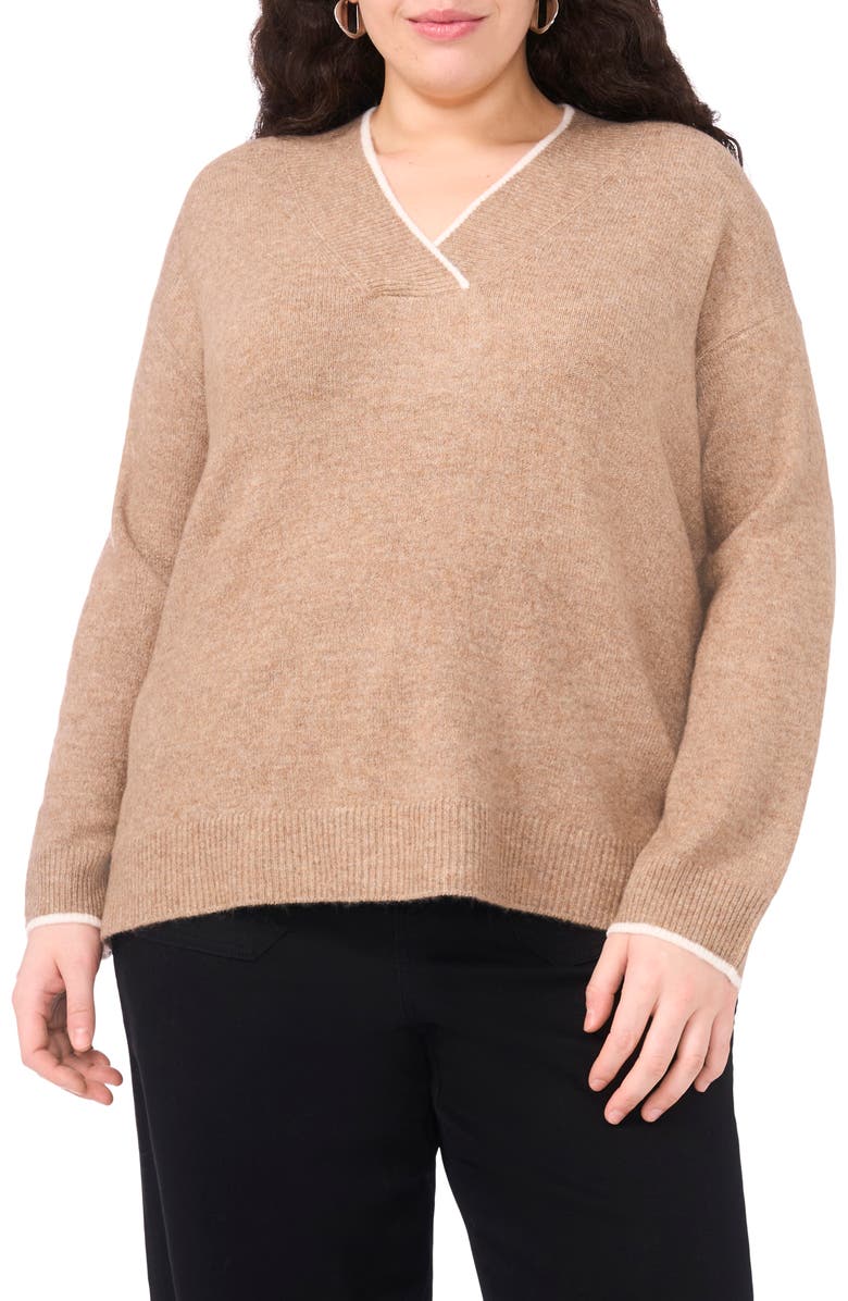 Vince Camuto Tipped Cross V-Neck Cozy Sweater, Main, color, Taupe