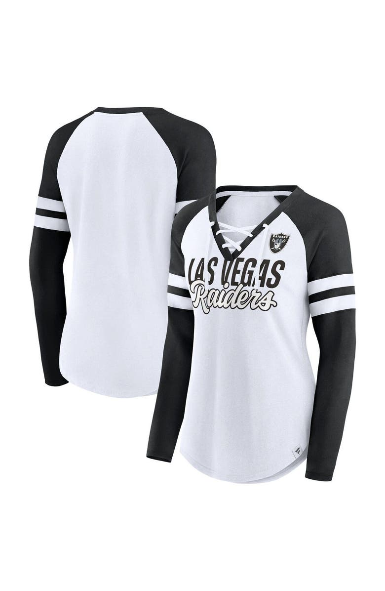 FANATICS Women's Fanatics Branded White Las Vegas Raiders Plus Size True to Form Lace-Up V-Neck Raglan Long Sleeve T-Shirt, Main, color, 