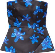 Emilia Wickstead Regan Floral Strapless Genzianella Peplum Top