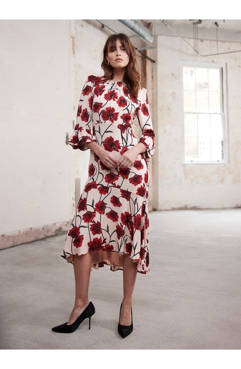 MINT VELVET Floral Print Midi Dress, Alternate, color, Taupe