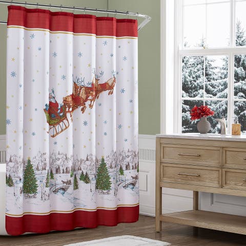 Santa’s Snowy Sleighride Holiday Fabric Shower Curtain, Multicolor - 70"w X 72"l