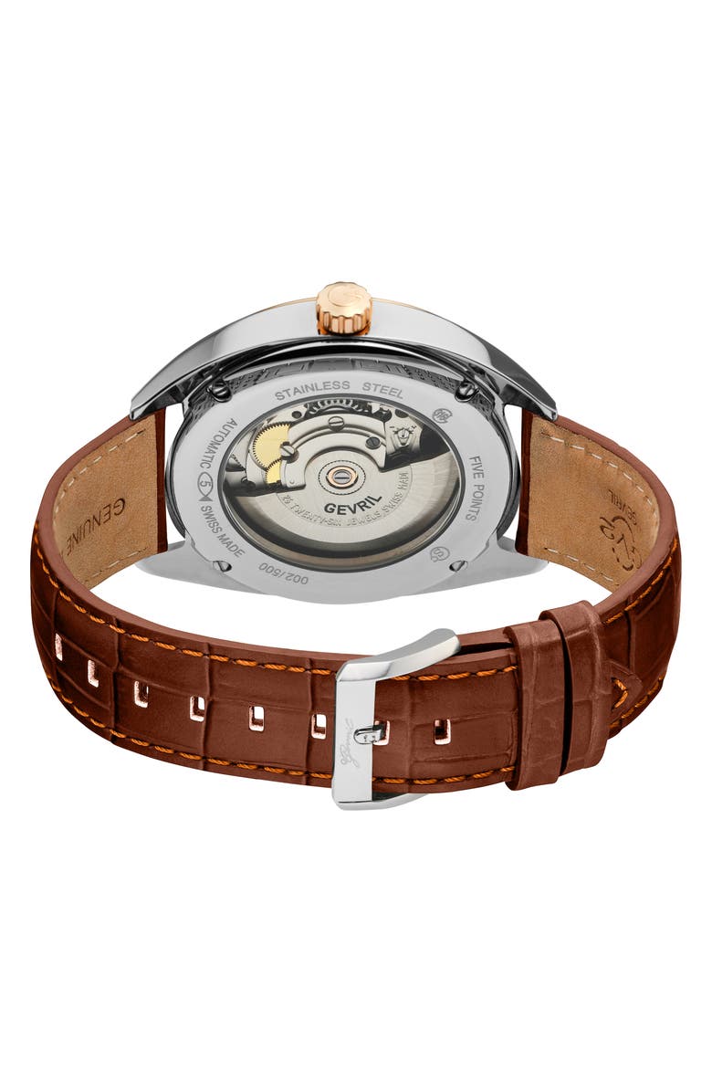 GEVRIL Five Points Croc Embossed Leather Strap Watch, 43mm, Alternate, color, Brown