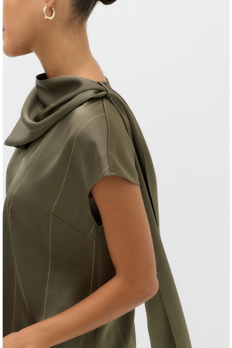 Tie Neck Drape Satin Top, Alternate, color, OLIVE GREEN/ MULTI