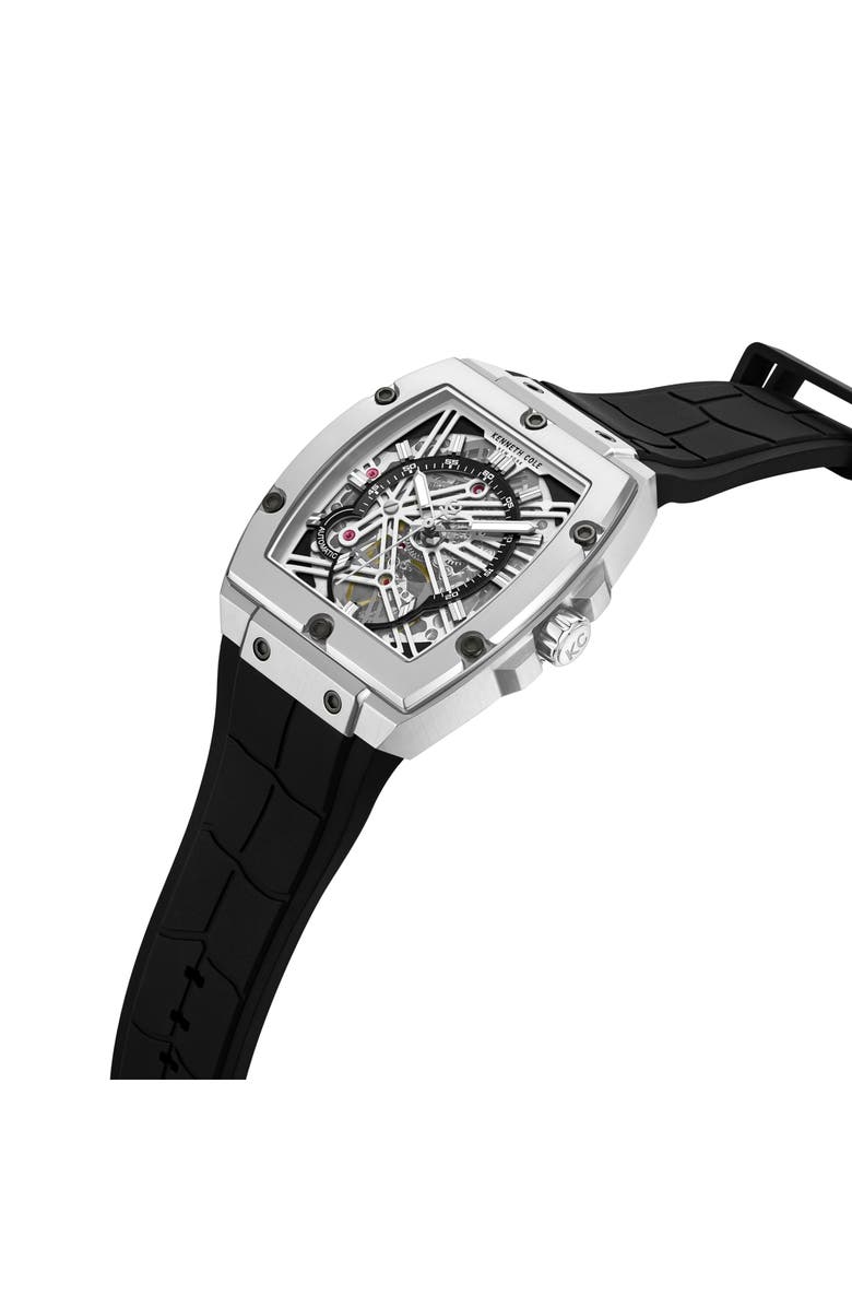 Kenneth Cole New York Skeleton Tonneau Automatic Silicone Strap Watch, 41.5mm x 53.5mm, Alternate, color, Black/Silver