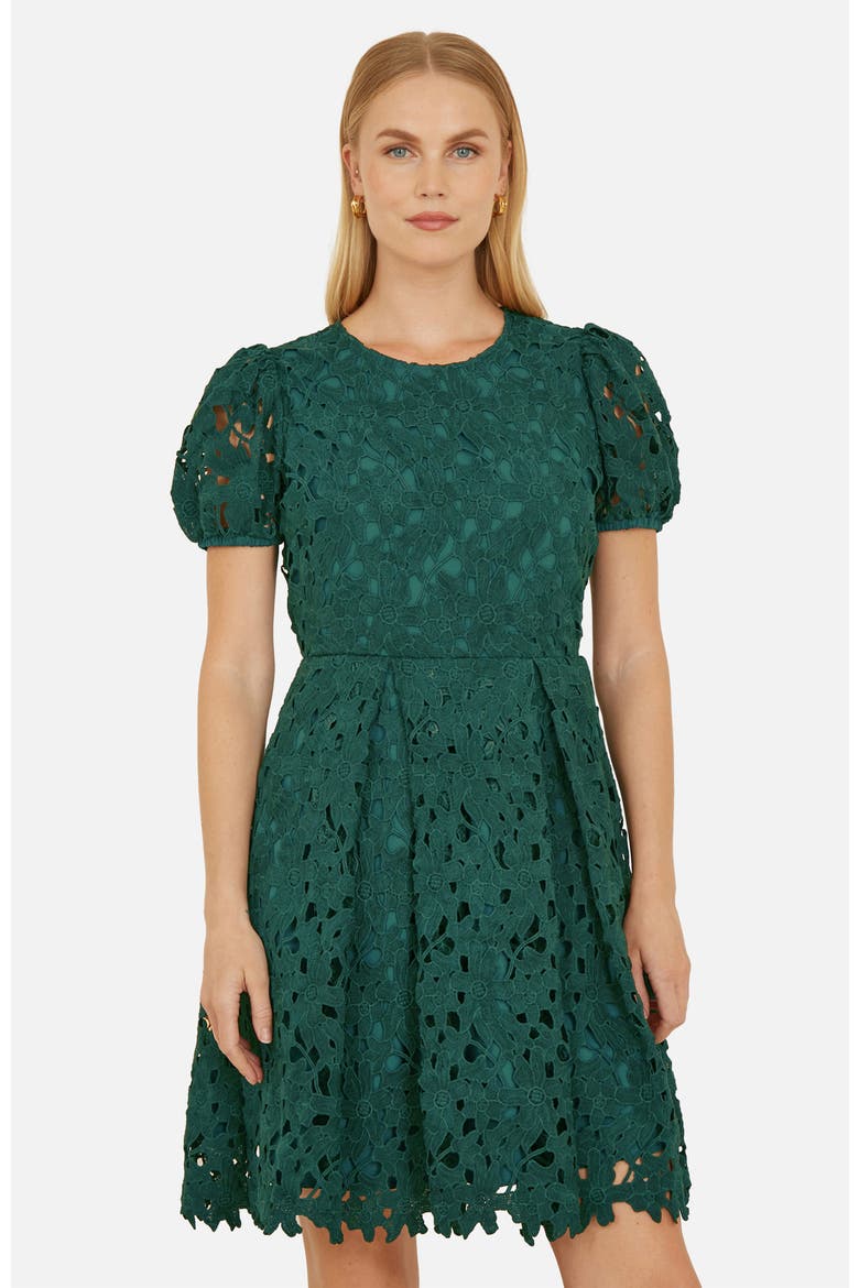 Lace Puff Sleeve Fit Flare Mini Dress, Alternate, color, Green