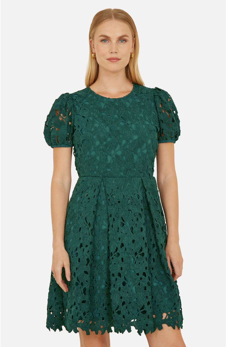Yumi Lace Puff Sleeve Fit Flare Mini Dress, Alternate, color, Green
