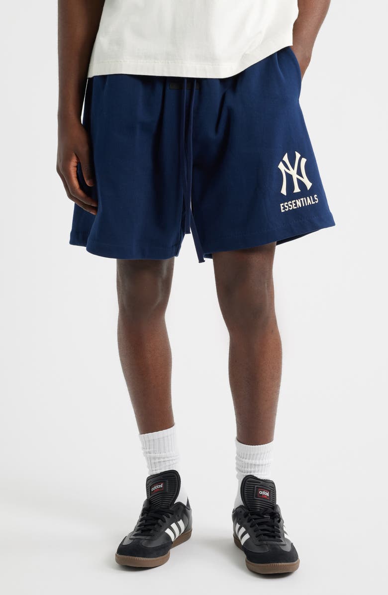 Fear of God Essentials MLB Yankees Classic Fit Cotton Graphic Sweat Shorts, Main, color, Midnight Navy