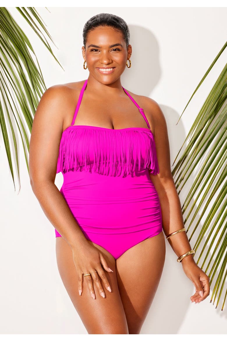 Fringe Bandeau One Piece Swimsuit, Alternate, color, Fluorescent Pink