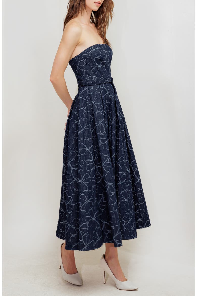 Printed Strapless Belted Denim Midi Dress, Alternate, color, DENIM