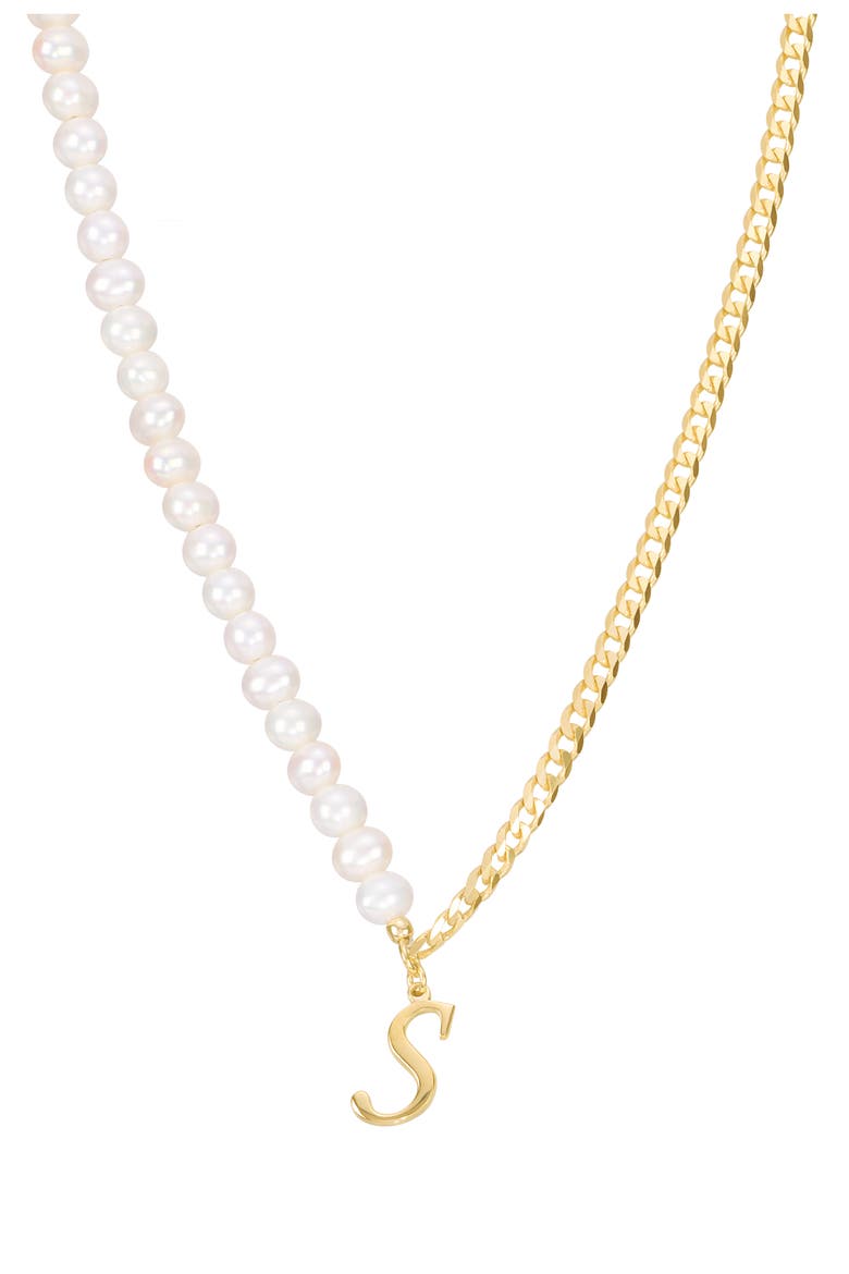 Genuine Freshwater Pearl & Curb Link Initial Pendant Necklace, Main, color, GOLD