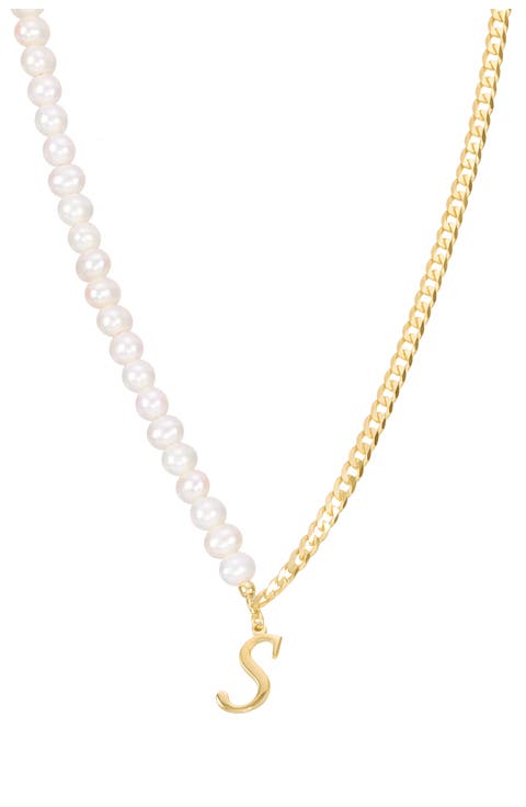 Genuine Freshwater Pearl & Curb Link Initial Pendant Necklace