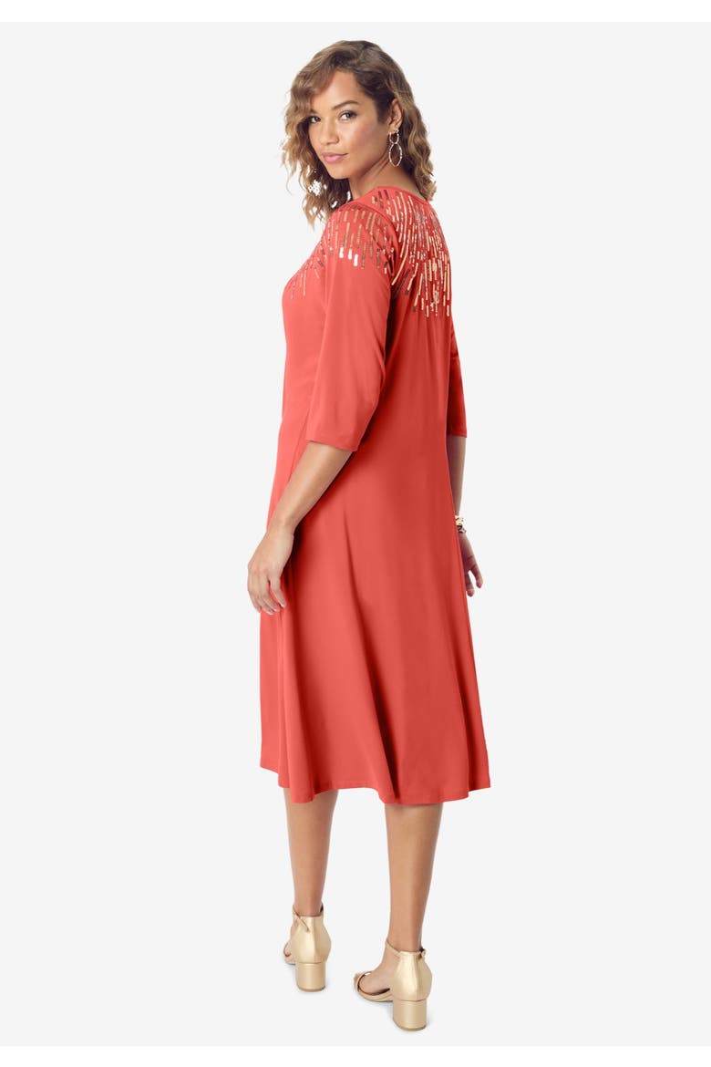 Plus Size 3/4 Sleeve Embellished Boatneck Dress, Alternate, color, BLACK