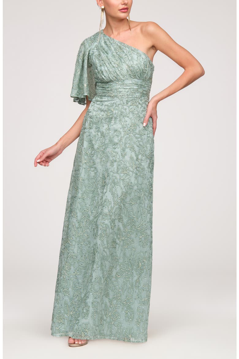Flynn Embroidered Sequin A-Line Gown, Alternate, color, WARM SAGE