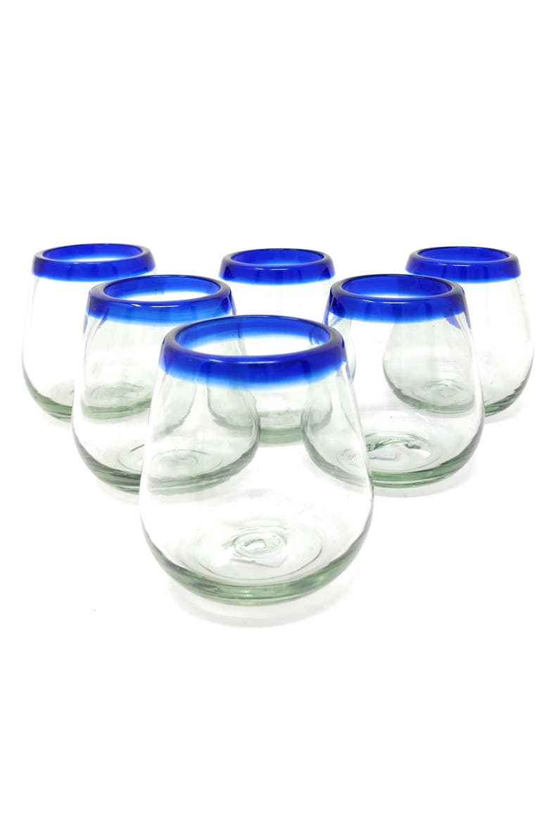 Hand Blown Stemless Wine Glasses - Set of 6, Main, color, Cobalt Rim