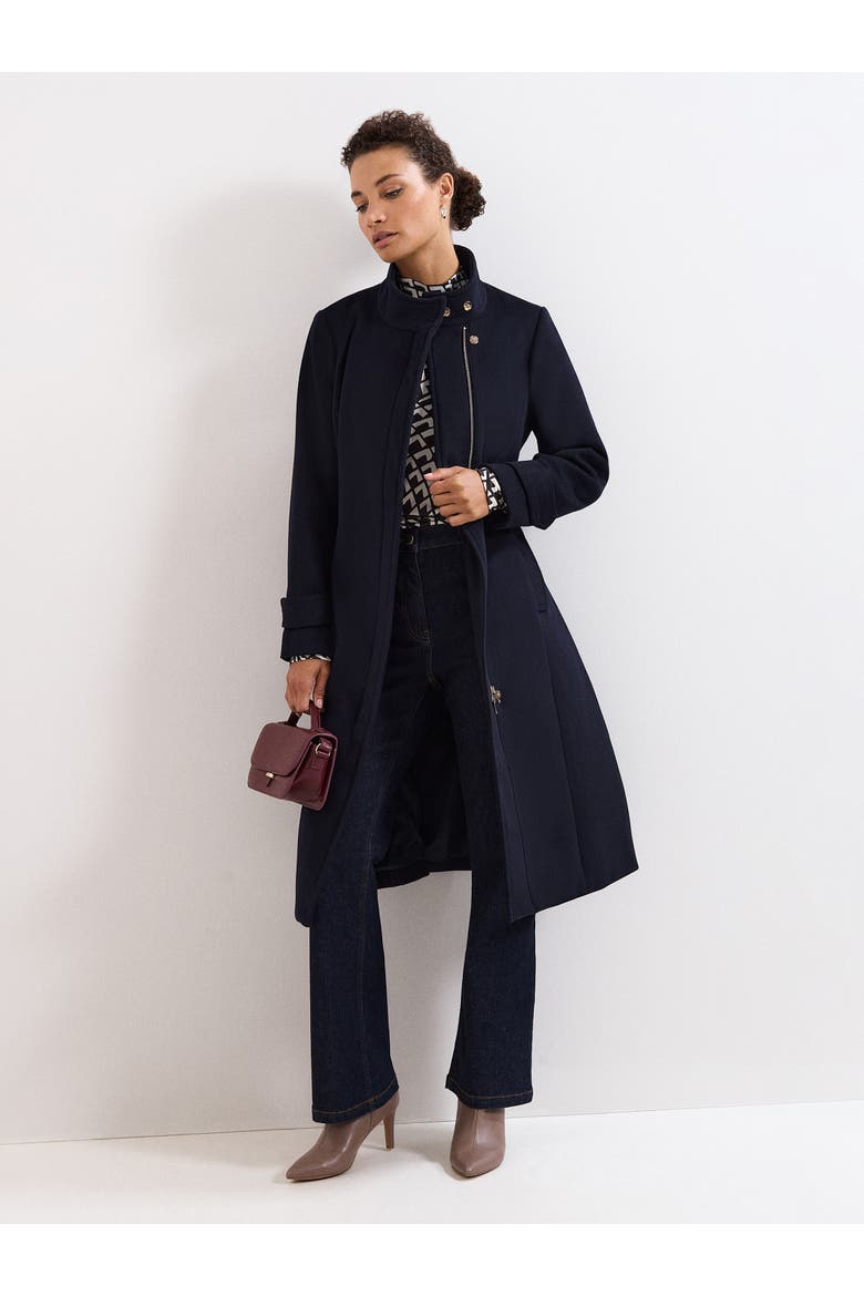 Belted Funnel Collar Coat, Alternate, color, Navy