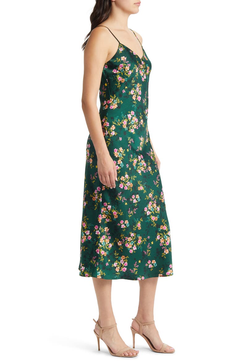 Sarah Floral Print Midi Slipdress, Alternate, color, FOREST GREEN