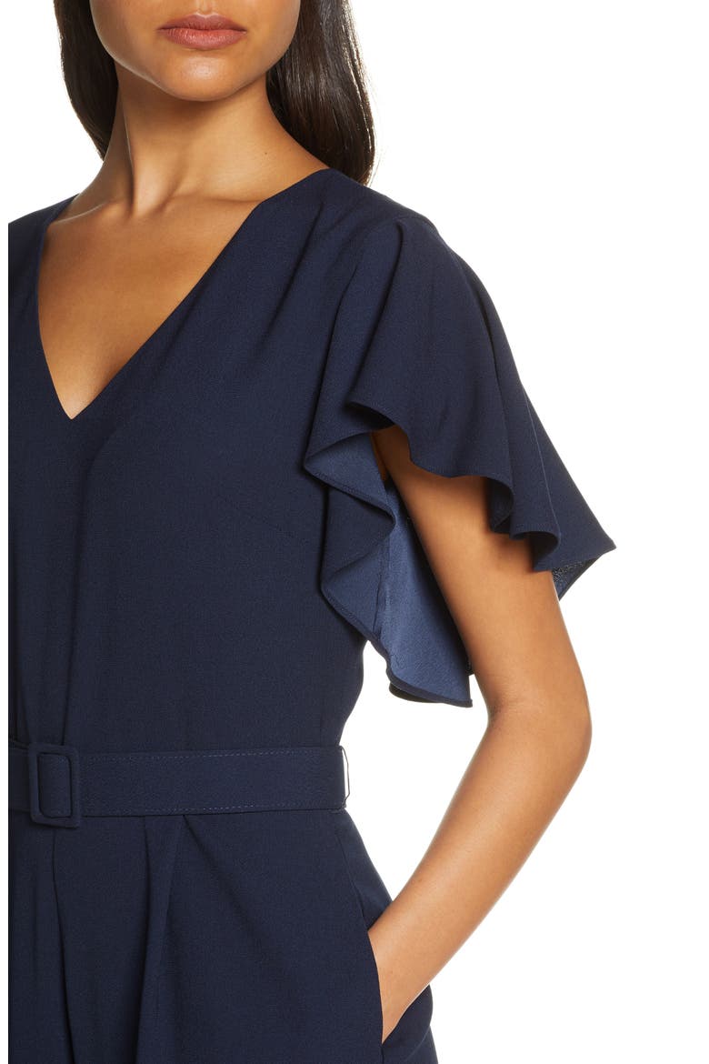 Flutter Sleeve Belted Satin Jumpsuit, Alternate, color, NAVY
