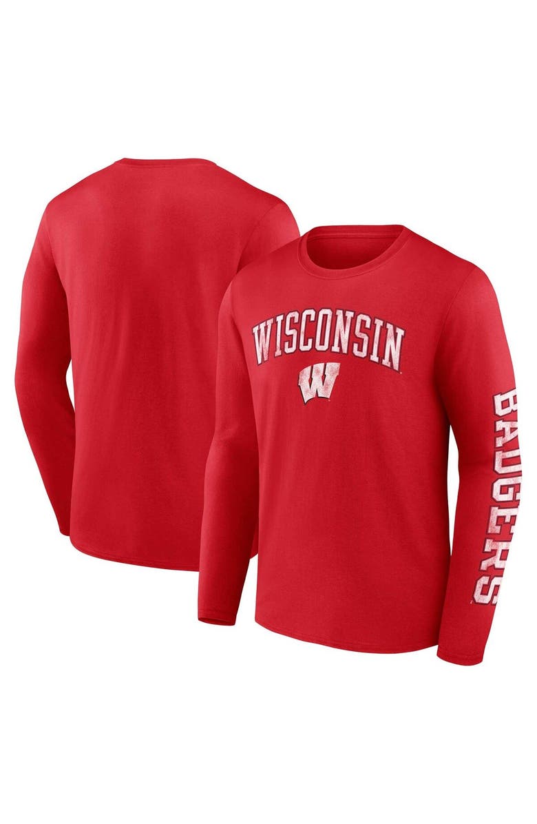 FANATICS Men's Fanatics Branded Red Wisconsin Badgers Distressed Arch Over Logo Long Sleeve T-Shirt, Main, color, 