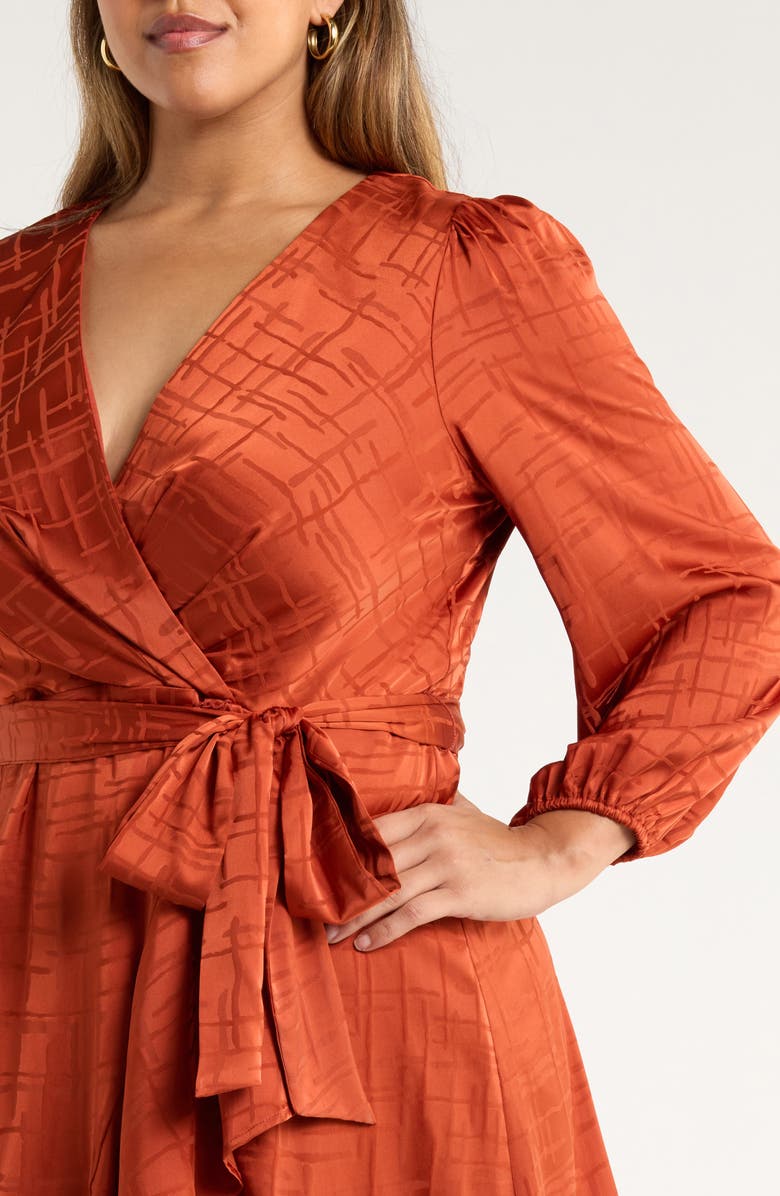 Tahari ASL Long Sleeve Satin Faux Wrap Dress, Alternate, color, Persimmon